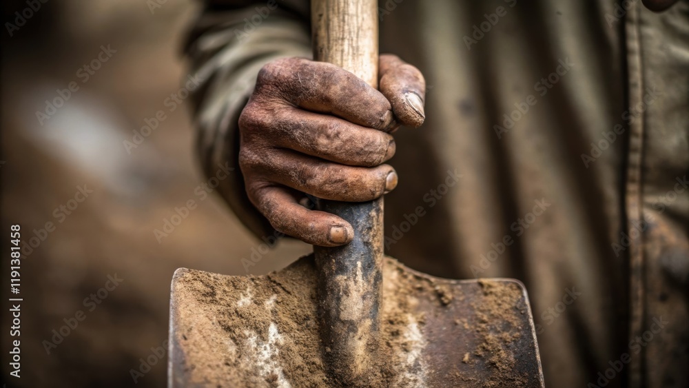 Poster a closeup of a worn hand gripping a shovel revealing dirt under the fingernails symbolizing the labo