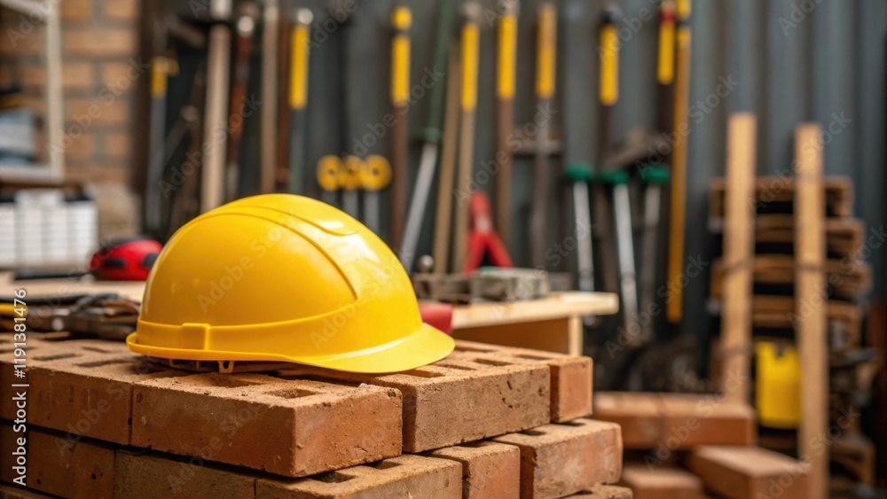 Poster A closeup of a yellow hard hat resting on a pile of bricks with tered tools and equipment in the background hinting at the organized chaos of an active construction site.