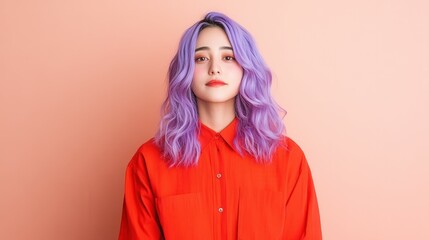 Fototapeta premium Young asian female with purple hair in red shirt against peach background.