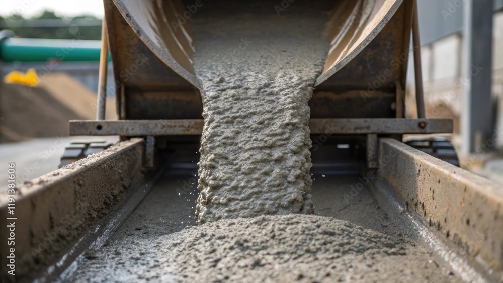 Aufkleber A closeup of concrete being poured from a large mixing truck capturing the texture and fluidity of the material as it fills a form representing the physical transformation of local