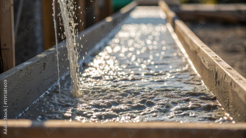 Poster A closeup of concrete pouring from a chute with droplets glistening in the sunlight capturing the dynamic process of construction and the raw textured surface emerging from the