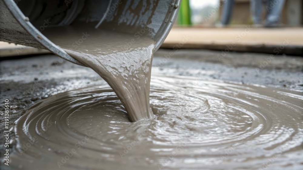Poster A closeup of concrete flowing from a bucket into the form capturing the fluidity of the mixture as it cascades creating ripples in the surface of the wet concrete.