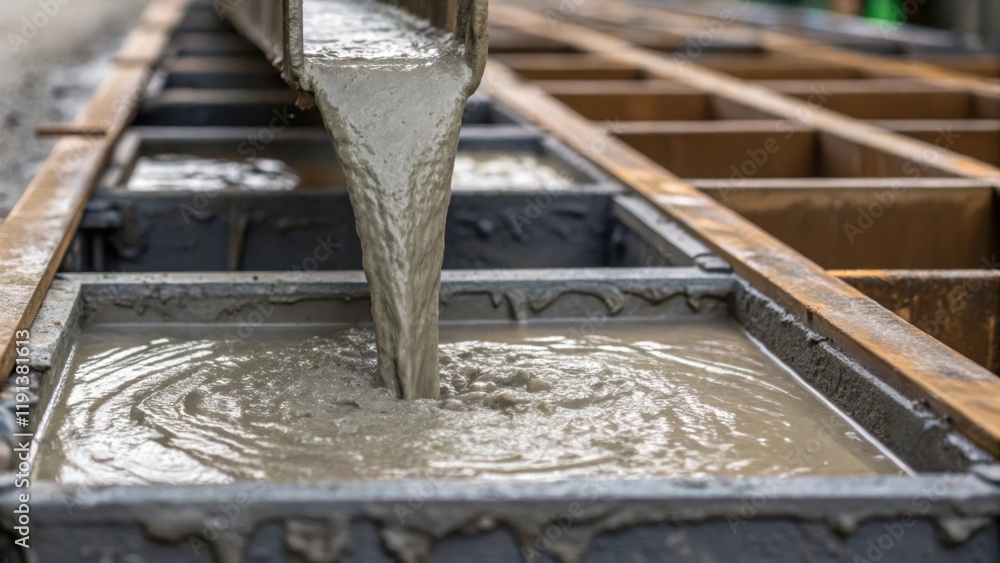 Fototapete a closeup of concrete being poured into steel molds emphasizing the fluidity and texture of the wet 