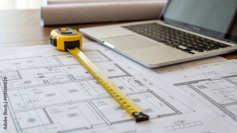 Aufkleber A closeup of construction blueprints spread out on a table with a measuring tape and a laptop beside them symbolizing the confluence of planning design and advanced software in the