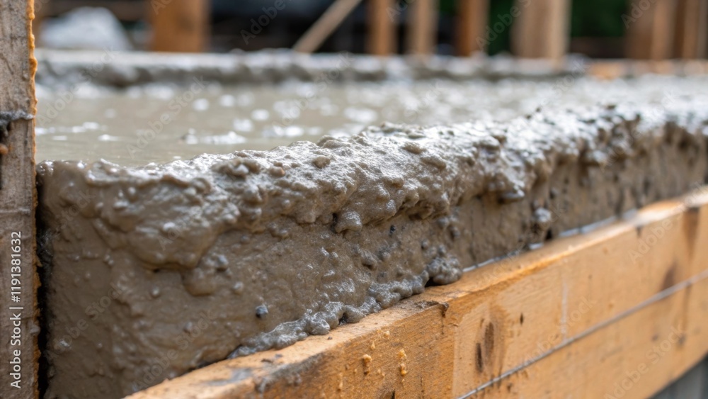 Aufkleber A closeup of concrete oozing over the edges of the formwork as it is being vibrated to eliminate air bubbles. The texture begins to smoothen out showing the viscosity and fluidity