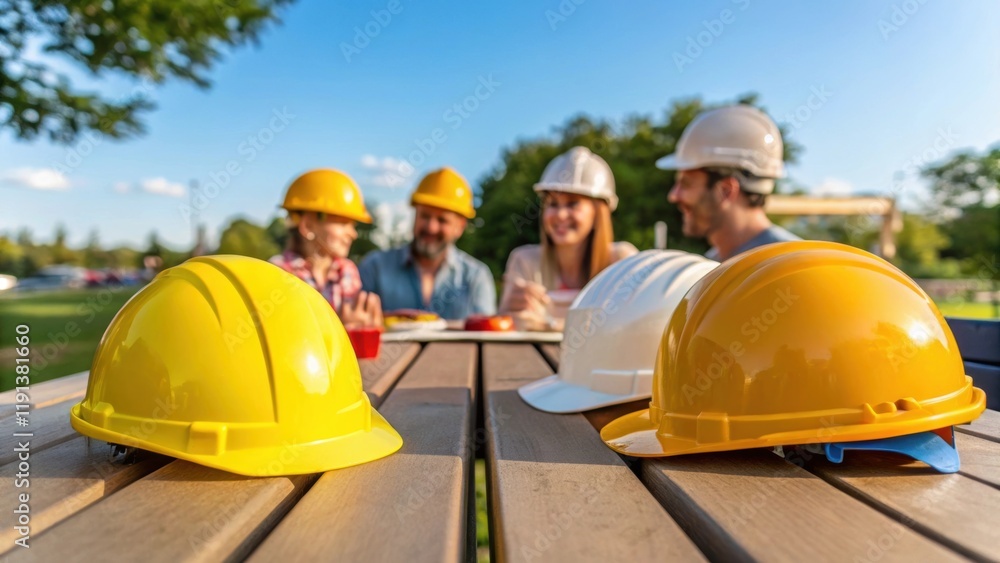 Poster a closeup of construction workers safety helmets resting on a picnic table with a family enjoying a 