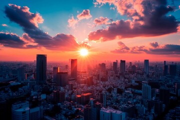 Fototapeta premium Breathtaking sunset over a vibrant city skyline with dramatic clouds and golden light