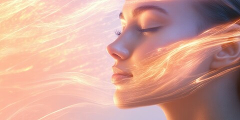 Serene young asian female with flowing light energy and closed eyes.