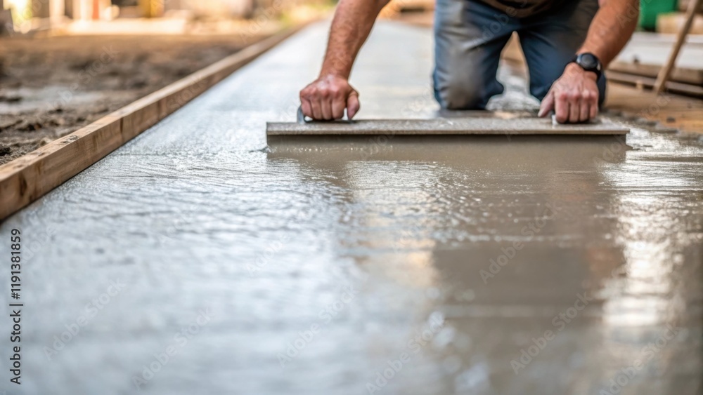 Poster A closeup of freshly poured concrete with a construction worker smoothing it out capturing the tactile nature of building materials and the foundational work that supports urban