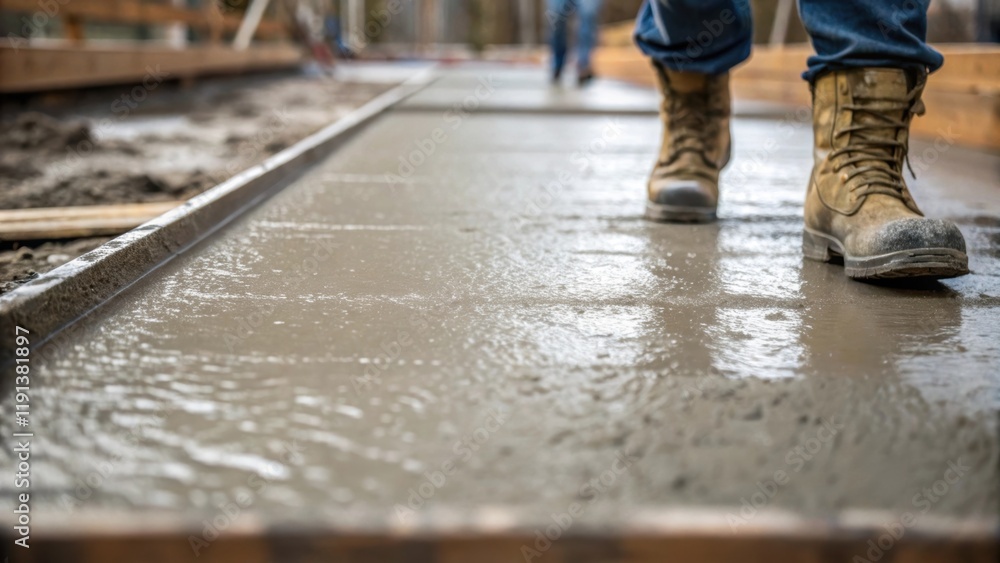 Poster a closeup of freshly poured concrete with workers boots stepping around it symbolizing the foundatio