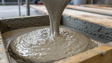 A closeup of fresh concrete being poured into a mold capturing the thick viscous flow and the intricate details of the molds texture as it fills to form a base component.