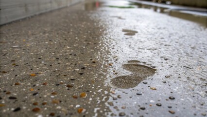 A closeup of footprints in wet concrete showing the texture and pliability before it sets with some gravel exposed at the surface highlighting the interaction of the workers with