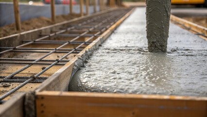 A closeup of freshly mixed concrete being poured into reusable formwork showcasing an emphasis on minimizing excess waste through careful planning and measurement. The texture of