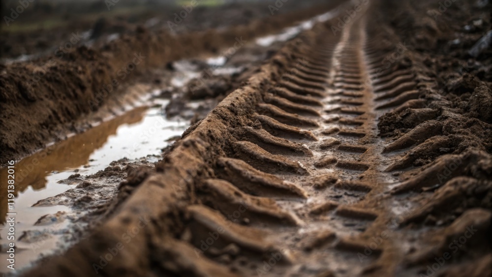 Poster A closeup of heavy machinery tracks embedded into a muddy patch with droplets of water collecting in the depressions highlighting the disturbance of the landscape and the temporary