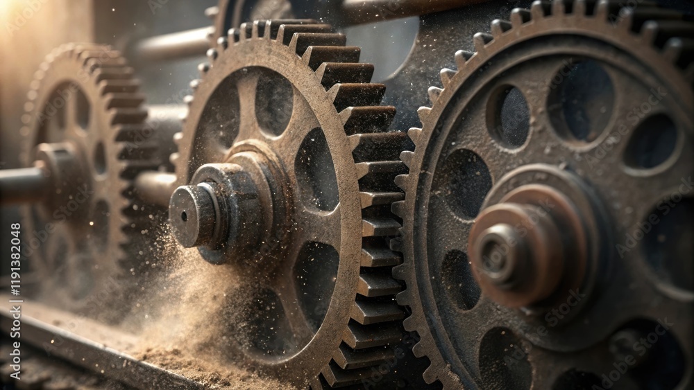 Aufkleber A closeup of intricate machinery gears in motion symbolizing the mechanical ingenuity that powers modern construction with dust and debris softly illuminated by the surrounding