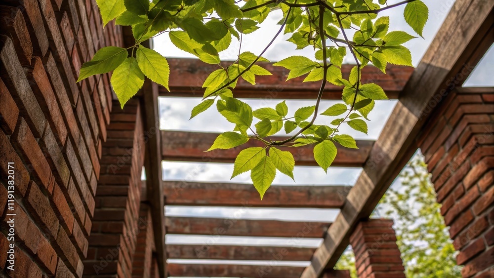 Aufkleber a closeup of leaves trembling in the wind framed by the stark lines of beams and bricks conveying th