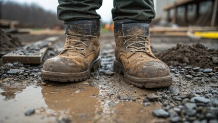 A closeup of heavyduty work boots planted firmly on a muddy construction site emphasizing scuffs and wear while small construction materials and gravel are tered around.