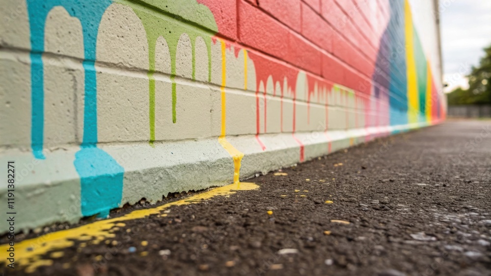 Poster a closeup of paint drippings on the ground next to a freshly painted wall showing both the messiness