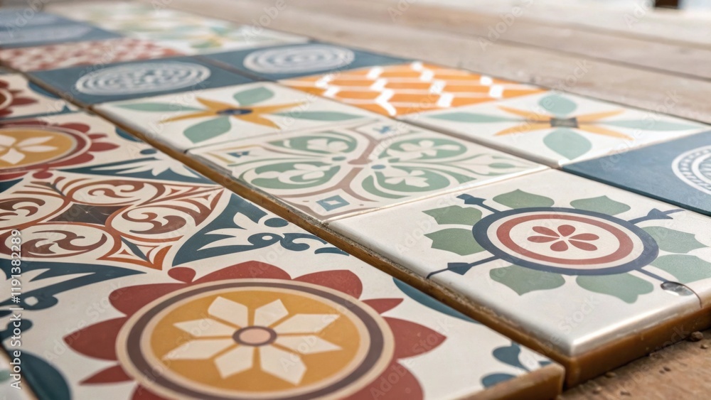 Fototapete a closeup of patterned tiles being laid one by one on a new floor with a focus on the unique designs