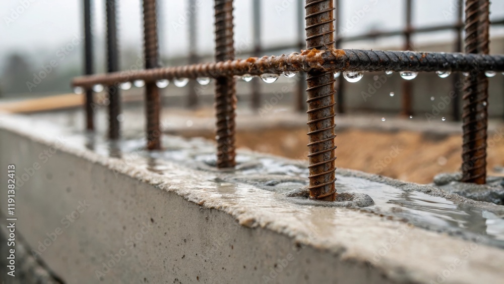 Poster A closeup of rebar supports embedded in fresh concrete partially submerged with droplets of water still clinging to the steel indicating the transition from raw material to
