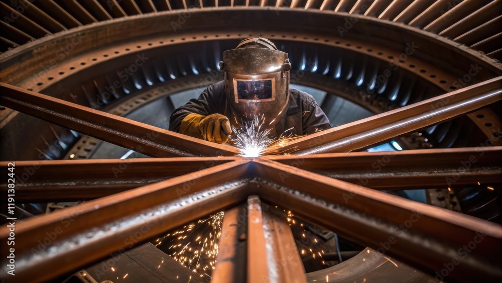 Poster a closeup of rustcolored metal joints being welded together by a construction worker sparks flying w