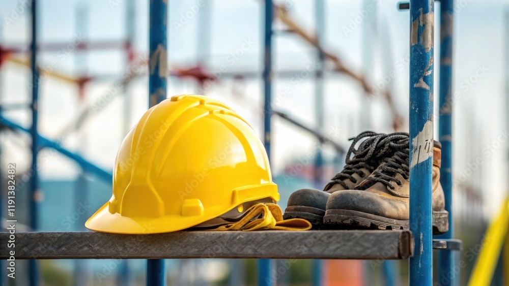 Poster a closeup of safety equipment including a hard hat and a pair of steeltoed boots resting on a scaffo