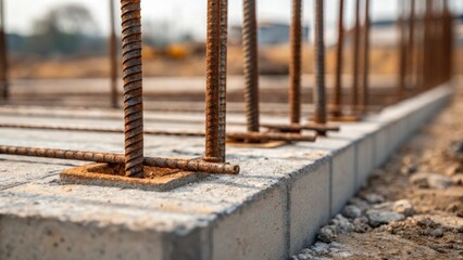 Fototapeta premium A closeup of rusted steel rods sticking out of a newly laid concrete slab illustrating the foundation work in progress and the raw rugged elements of industrial construction.