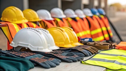 A closeup of safety gear and equipment piled next to a group of workers preparing for the next phase of construction symbolizing organized teamwork and readiness for collaborative