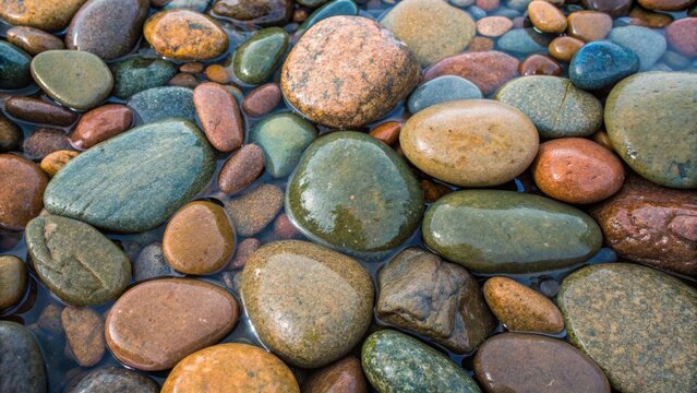 A closeup of river stone with smooth rounded pebbles in an array of natural colors like browns greens and blues highlighting the tactile quality and organic shapes formed by water
