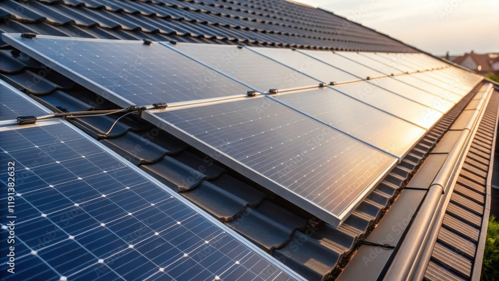Poster a closeup of solar panels installed on a rooftop capturing the reflections of sunlight on a sleek su