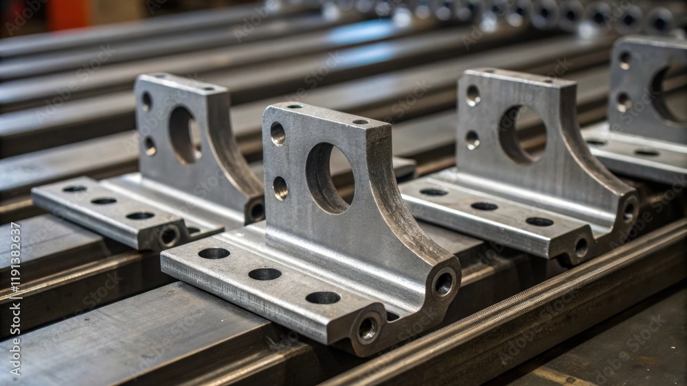 Poster a closeup of steel components with intricate brackets being assembled the texture of the metal empha