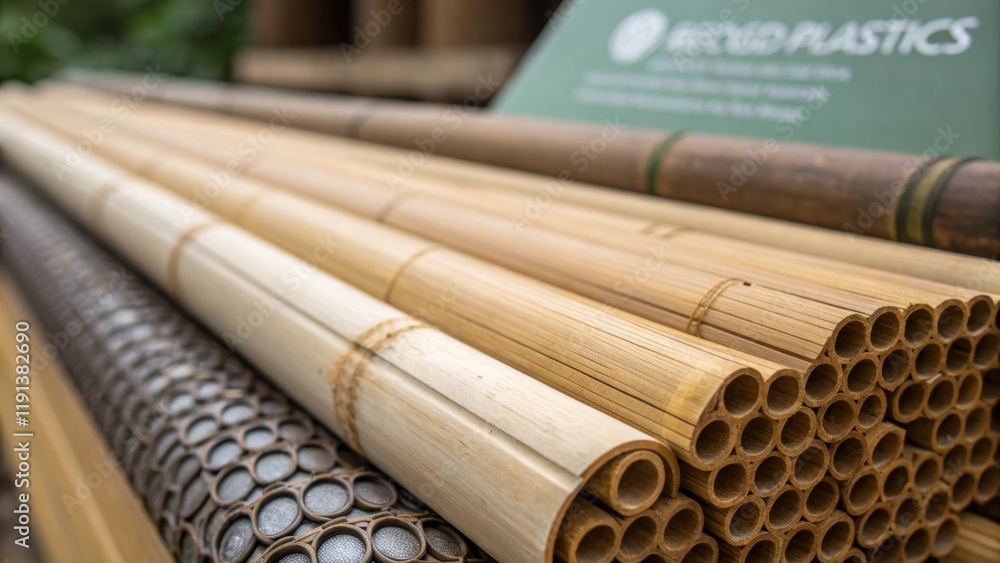Poster a closeup of sustainable materials being utilized such as bamboo and recycled plastics with a focus 