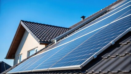A closeup of solar panels integrated into a section of the roof showcasing their sleek profile against a bright blue sky and the buildings commitment to renewable energy.