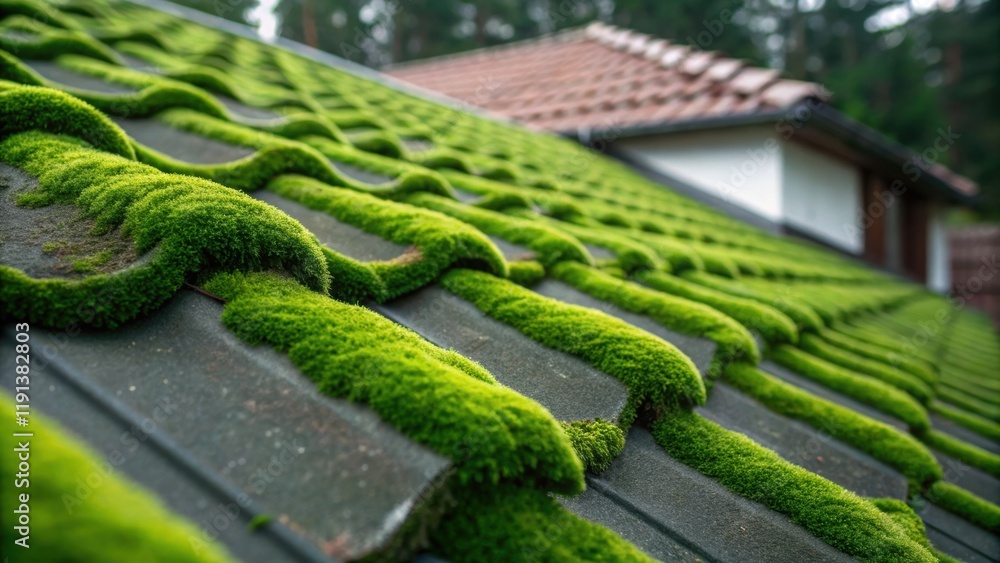 Poster a closeup of textured moss growing on a green roof highlighting the intricate patterns and the lush 