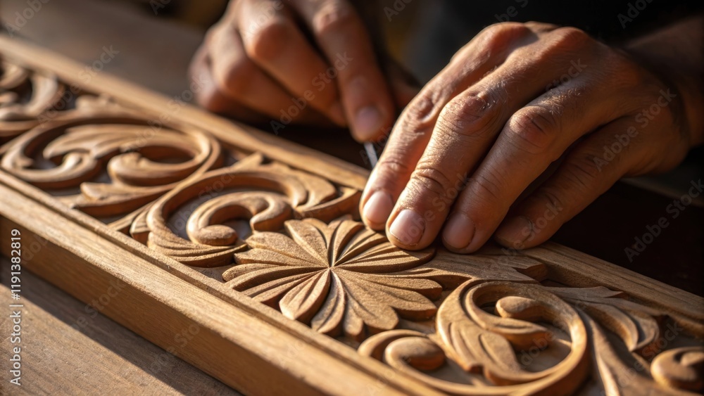 Poster a closeup of the artists fingers smoothing the surface of a carved piece revealing the rich texture 