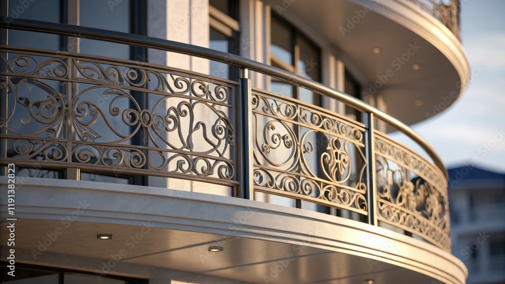 Poster A closeup of the buildings unique balcony design showcases intricate metalwork with soft shadows playing across the surface emphasizing the modern aesthetic and attention to