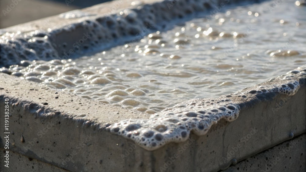 Poster a closeup of the bubbling concrete as it fills a deep corner of the form the liquid appearing almost