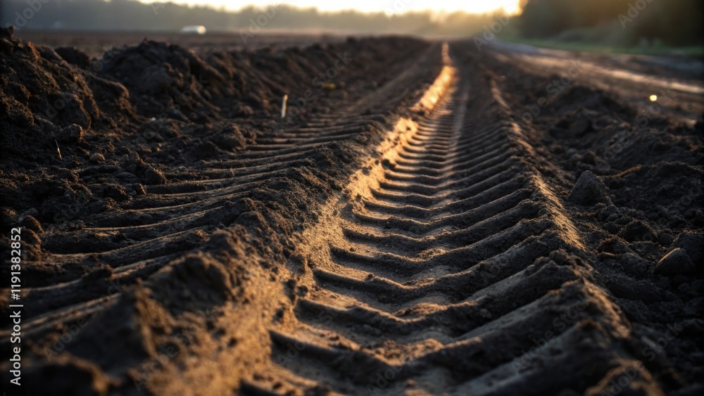 Poster A closeup of the bulldozer tracks imprinted deeply in the freshly disturbed soil with the golden light of dawn creating patterns of shadow and light that emphasize the rugged