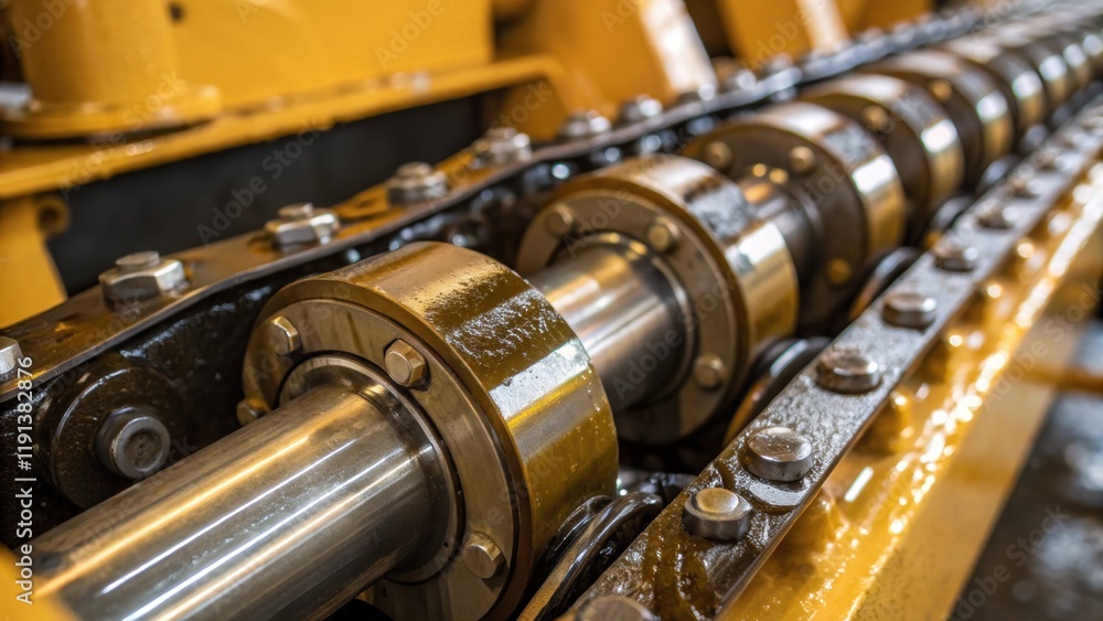 Poster a closeup of the cranes hydraulic system with oil glistening on the metal components as they work in