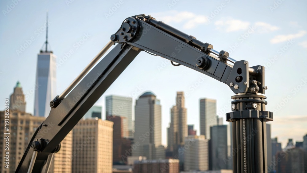 Poster A closeup of the cranes mechanical arm extending outward showcasing its imposing structure against the skyline and the intricate pivot joints that allow for its expansive range of