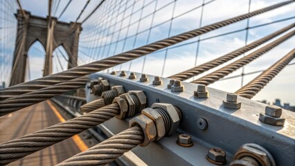 A closeup of the connections between the cables and the bridge deck illustrating the complex yet elegant hardware that binds these elements together in a dance of engineering