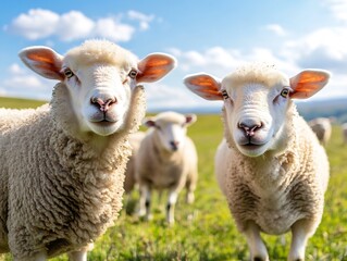 Fototapeta premium Close-up of Curious Sheep in Lush Green Field on Sunny Day : Generative AI