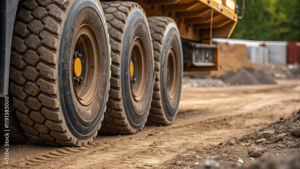 Poster a closeup of the cranes massive wheels on the ground with dirt and gravel tered around capturing the