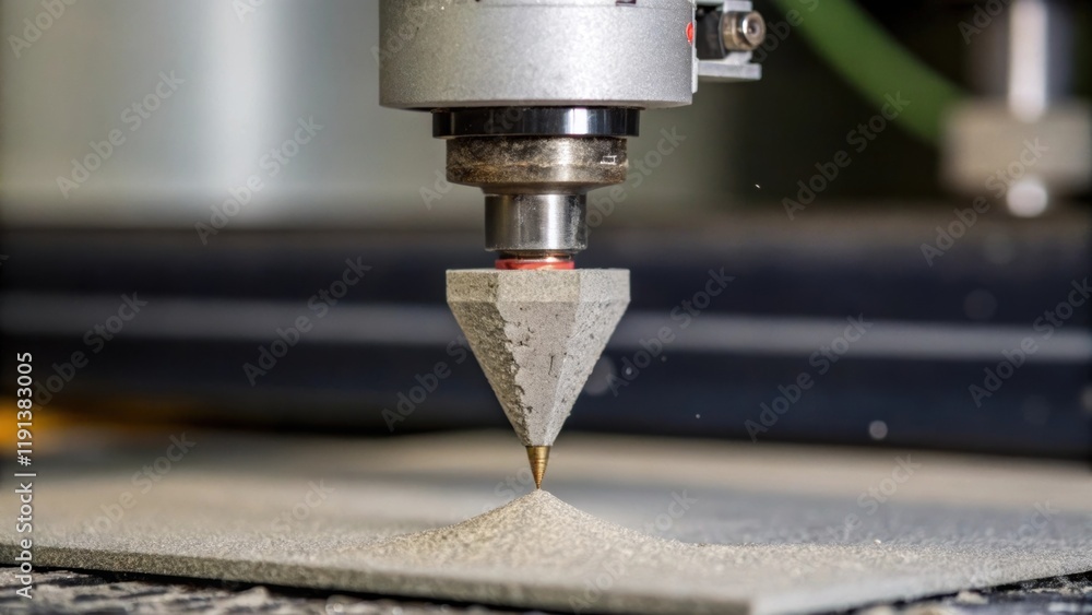 Aufkleber A closeup of the feed nozzle depositing material with droplets of concrete forming on the tip emphasizing the precision and technology involved in the printing process.
