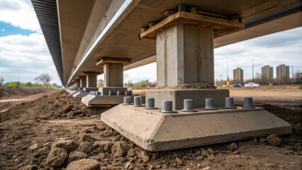 A closeup of the foundational anchors embedded in the ground showcasing the robust concrete structure that supports the massive loads of the bridge above.