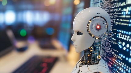 Futuristic AI robot analyzing digital data interface in a modern technological workspace : Generative AI