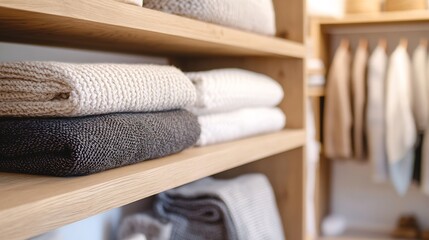 Neatly Arranged Wool Sweaters and Garments in a Modern Wooden Wardrobe : Generative AI