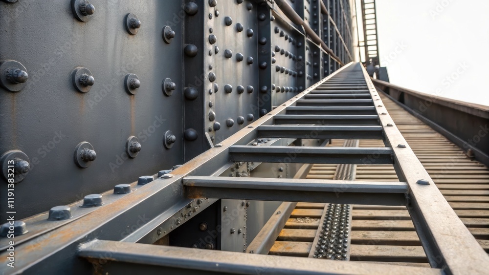 Poster A closeup of the ladder leading up the side of a cooling tower with bolts and rivets prominently displayed illustrating the engineering required to support massive structures.