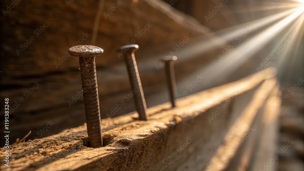 Poster a closeup of the raw exposed nails catching the light as beams of sunshine slice through the gaps il