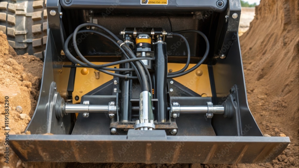Poster A closeup of the skid steer loaders bucket tilting mechanism in action showcasing the intricate hydraulic lines and connections at work as it delivers material in a cramped area.